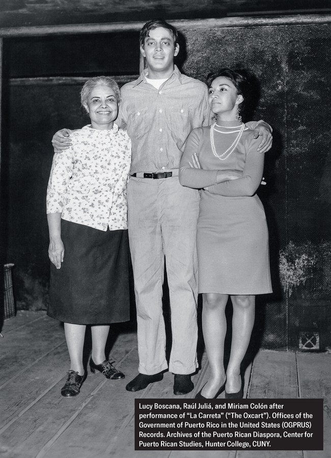 Lucy Boscana, Raúl Juliá, and Miriam Colón after a performance of "La Carreta" ("The Oxcart"). Offices of the Government of Puerto Rico in the United States (OGPRUS) Records, Archives of the Puerto Rican Diaspora, Center for Puerto Rican Studies, Hunter College, CUNY.
