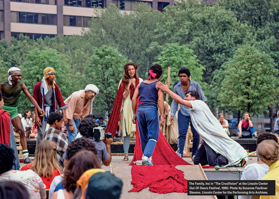 The Family, Inc in "The Crucifixion" at the Lincoln Center Out-Of-Doors Festival, 1980. Photo by Susanne Faulkner Stevens, Lincoln Center for the Performing Arts Archives.