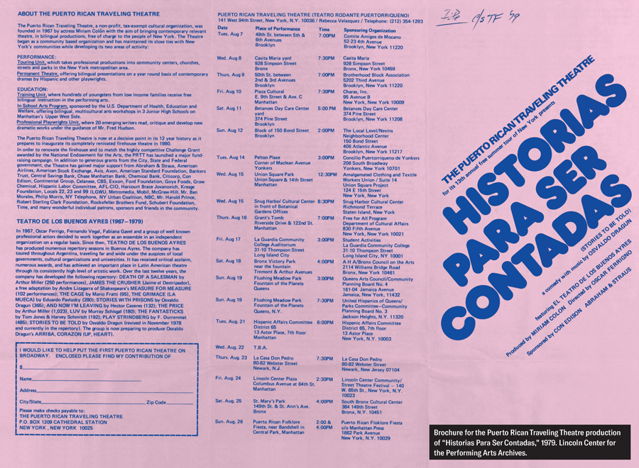 Flyer for the Puerto Rican Traveling Theatre's [sic] production of "Historias para ser Contadas," showing the 1979 touring schedule. Lincoln Center for the Performing Arts Archives.