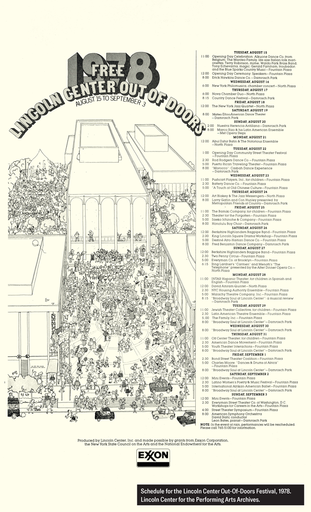 Flyer for the 1978 Lincoln Center Out-of-Doors Festival, with event listings from August 15 through September 3 and a cartoon rendering of crowds on the Lincoln Center campus. Lincoln Center for the Performing Arts Archives.